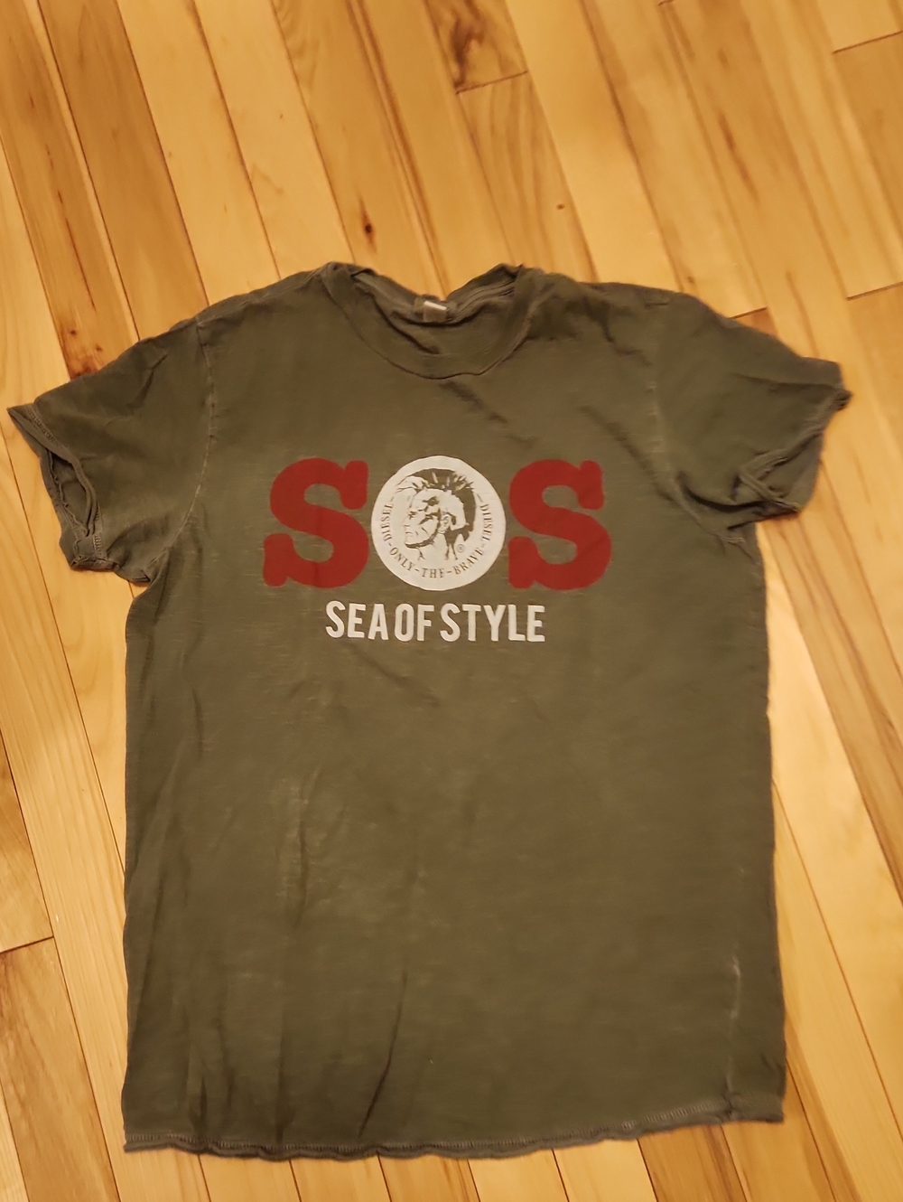 Diesel Olive Green Graphic Tee with Red SOS Print - Men